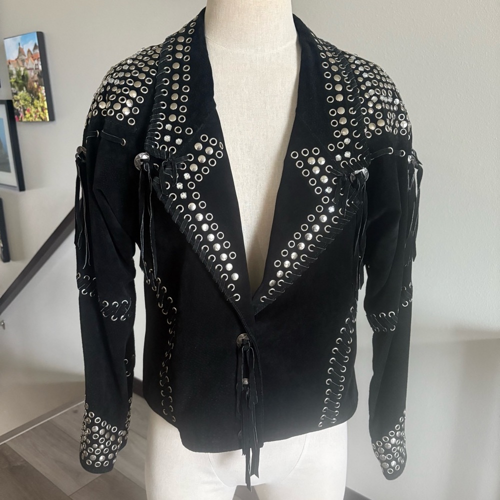 Black Suede Leather Studded Women's Jacket S